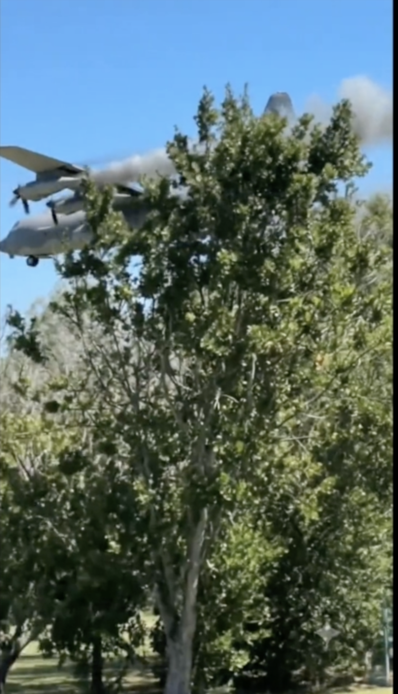 The aircraft disappears beyond the trees after the apparent encounter.